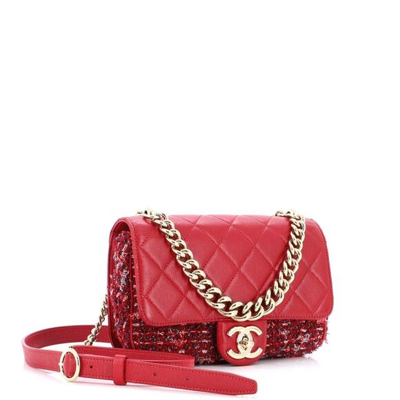 Chanel Chain Handle CC Flap Bag Quilted Lambskin and Tweed Small Red - Picture 3 of 10